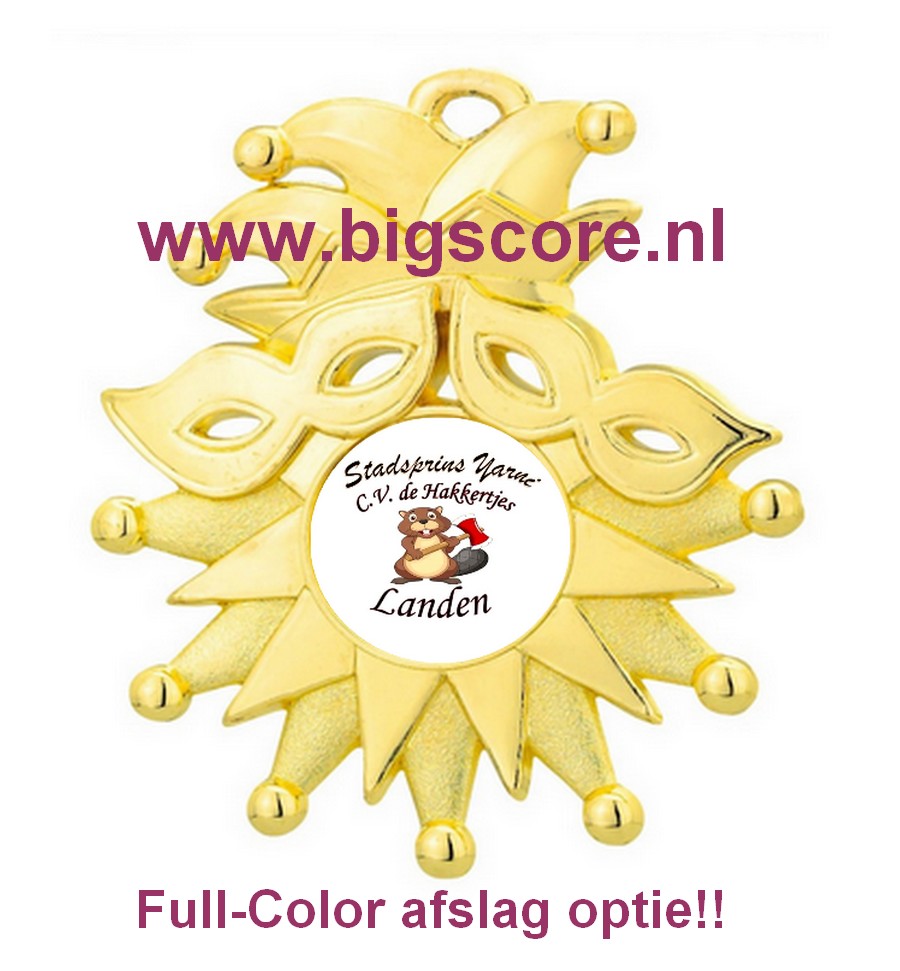 D56.01 Carnaval medaille masker goud afmeting 85x72 mm OP=OP!!